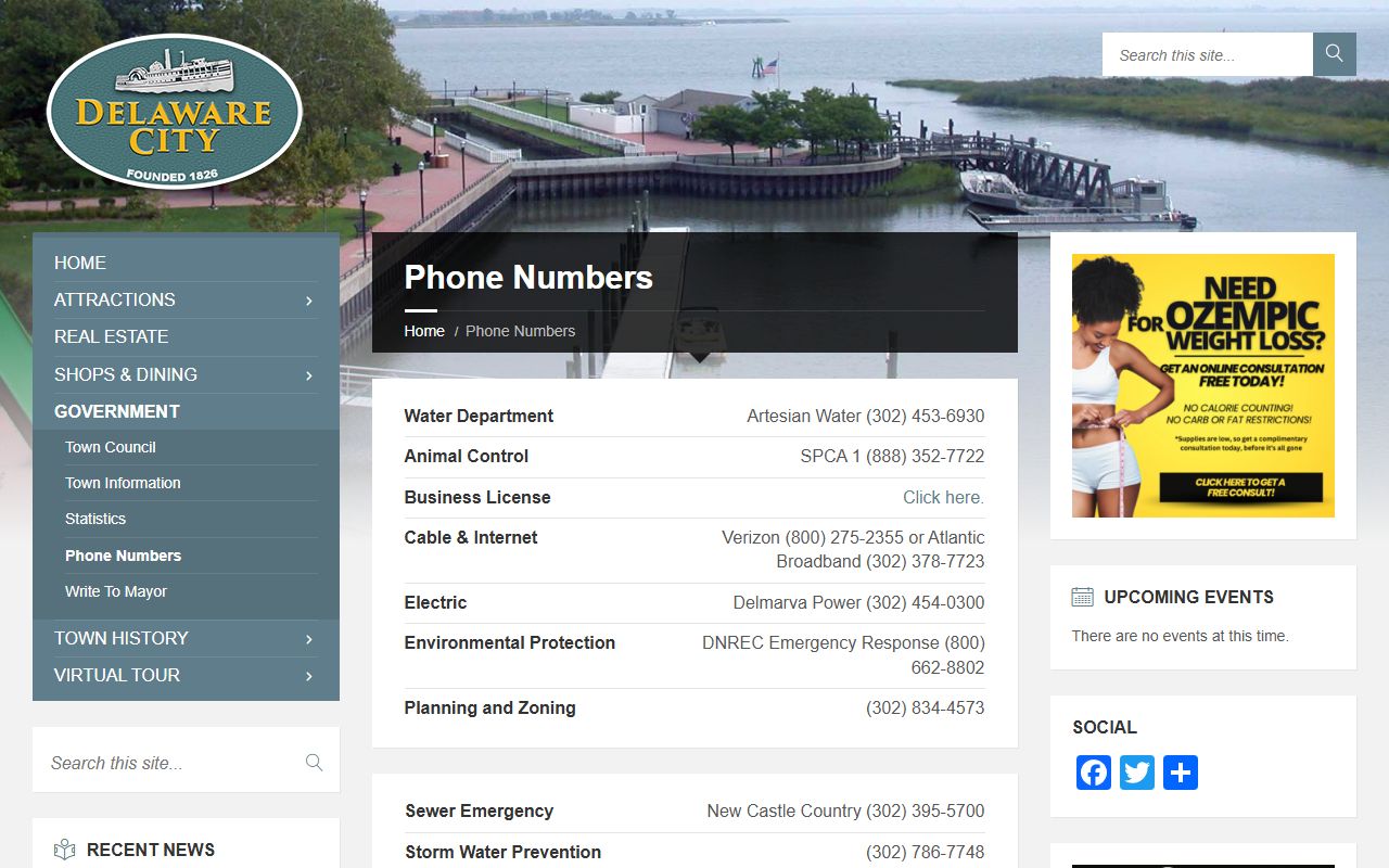Delaware City Phone Directory utility numbers page