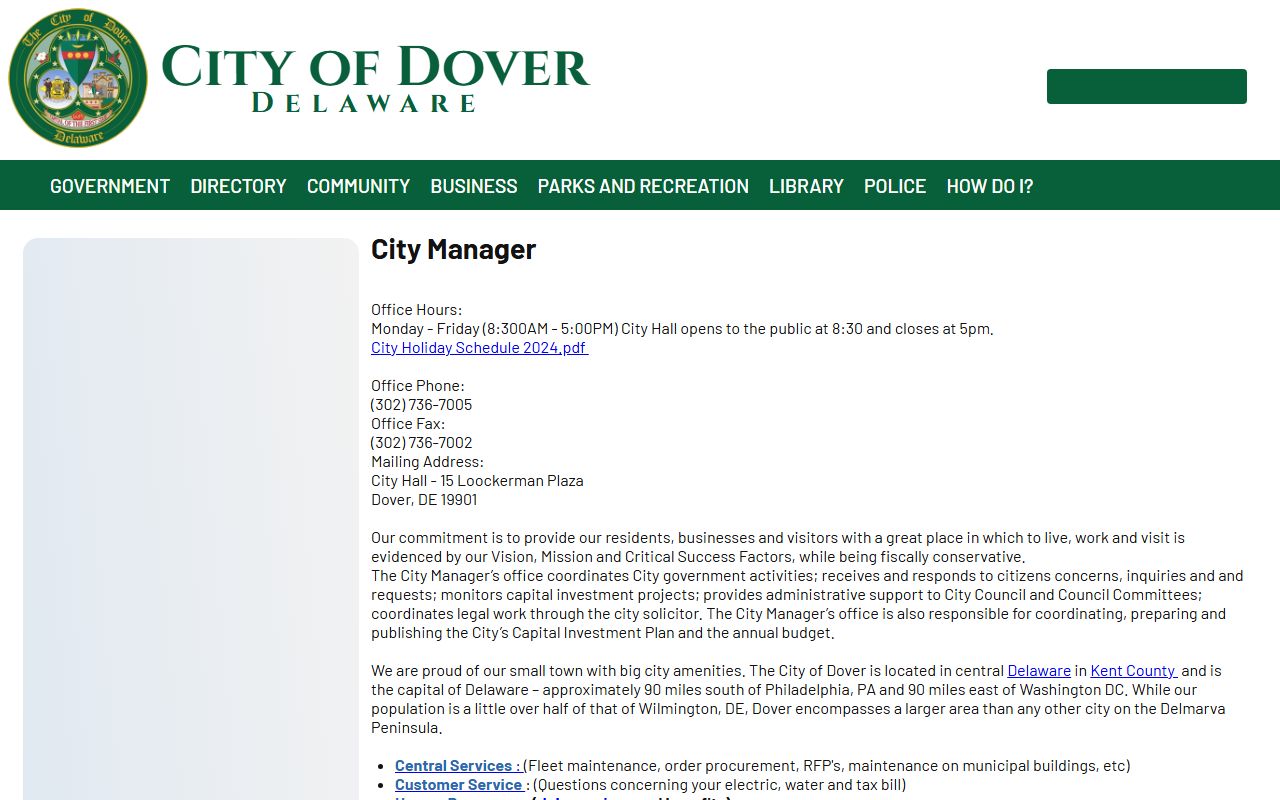 Dover City Manager Phone Directory office page
