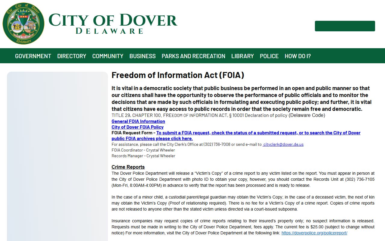 Dover FOIA Phone Directory request page
