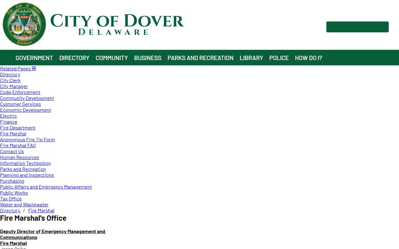 Dover Fire Marshal Phone Directory office page