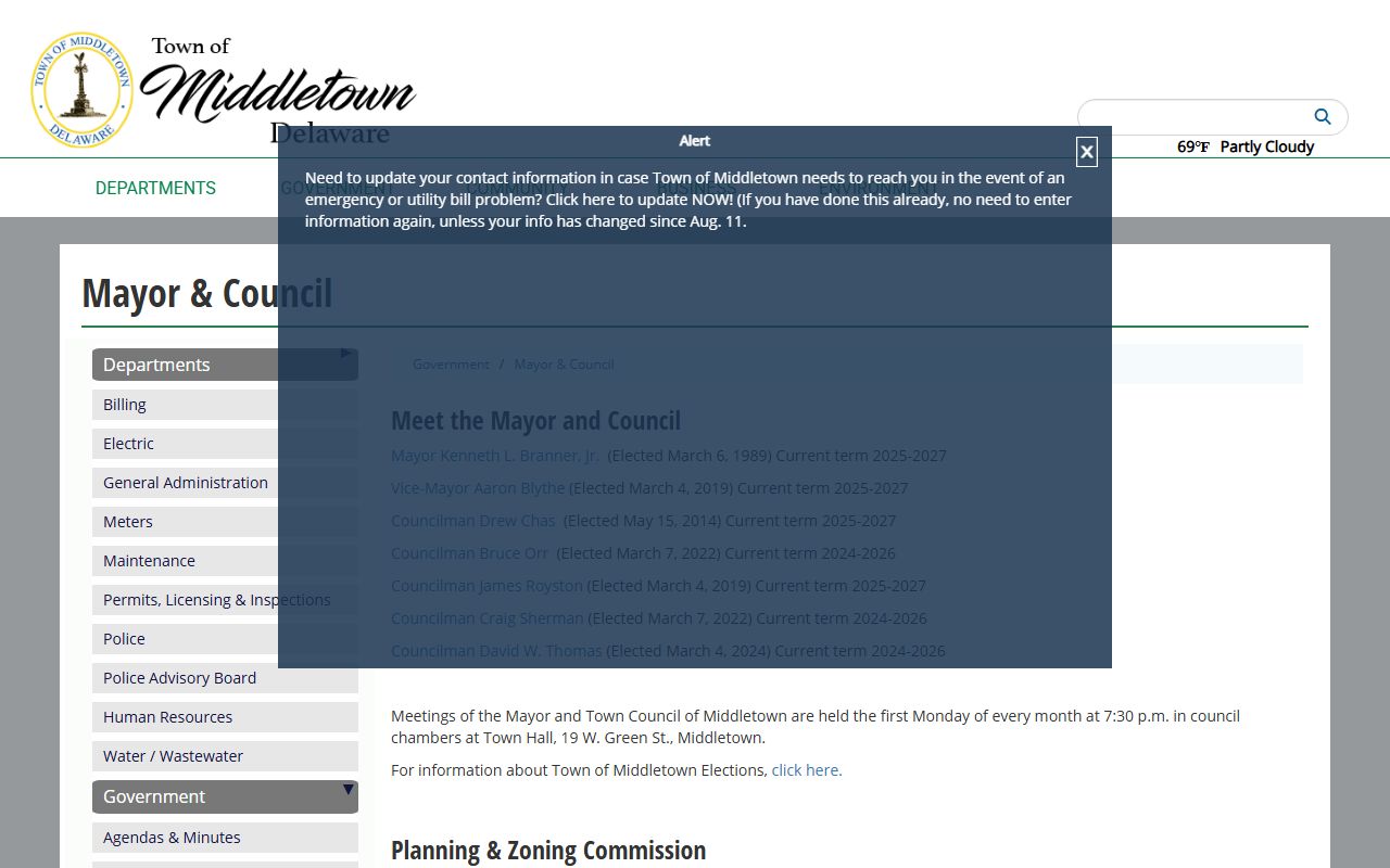 Middletown Mayor and Council Phone Directory page
