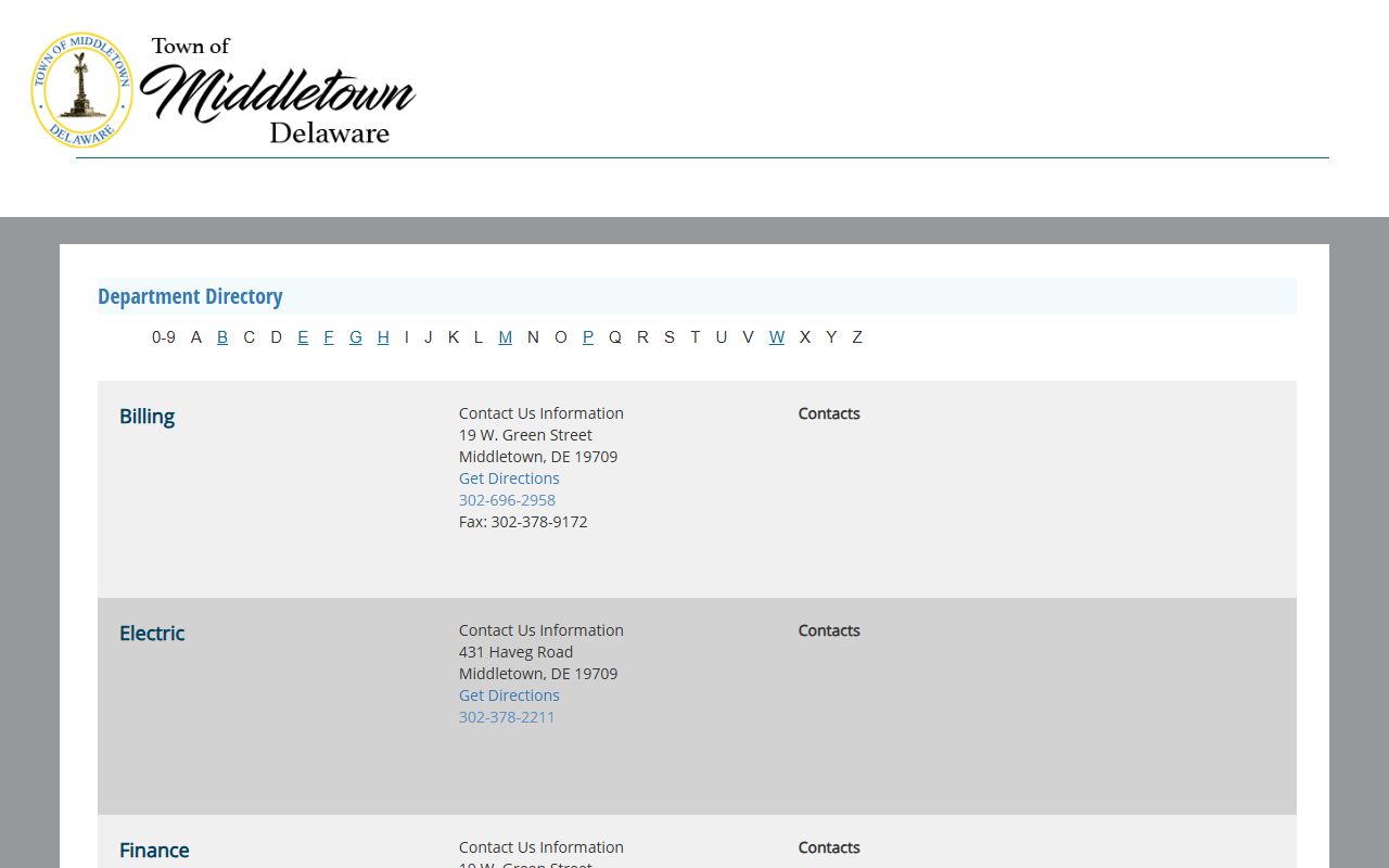Middletown Department Directory Phone Directory page