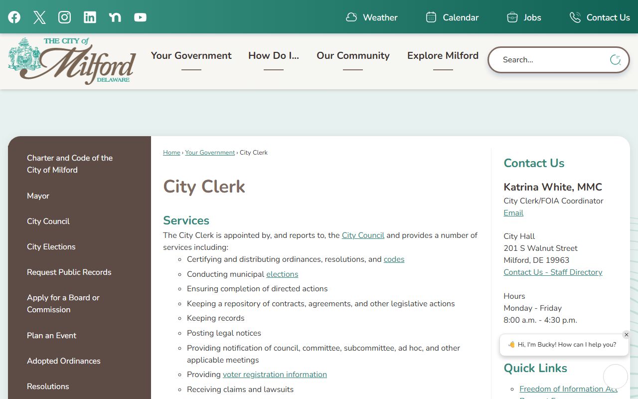 Milford City Clerk Phone Directory page