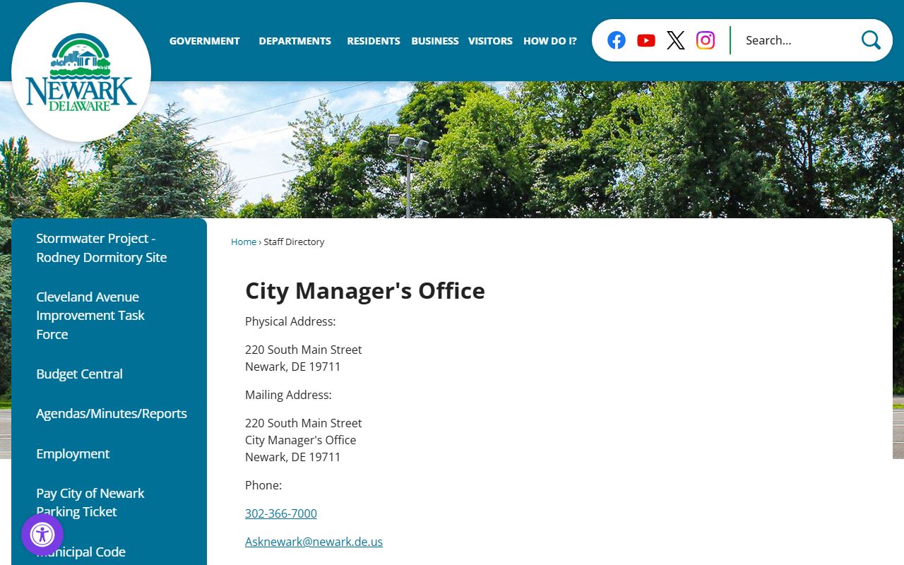 Newark City Manager office Phone Directory page