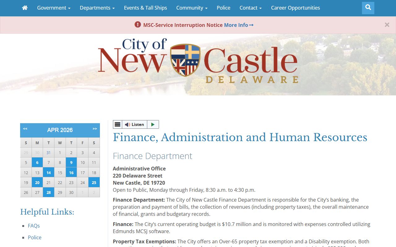 New Castle City Finance and HR Phone Directory page