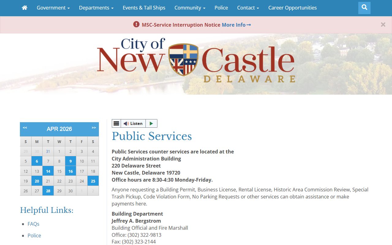 New Castle City Public Services Phone Directory page