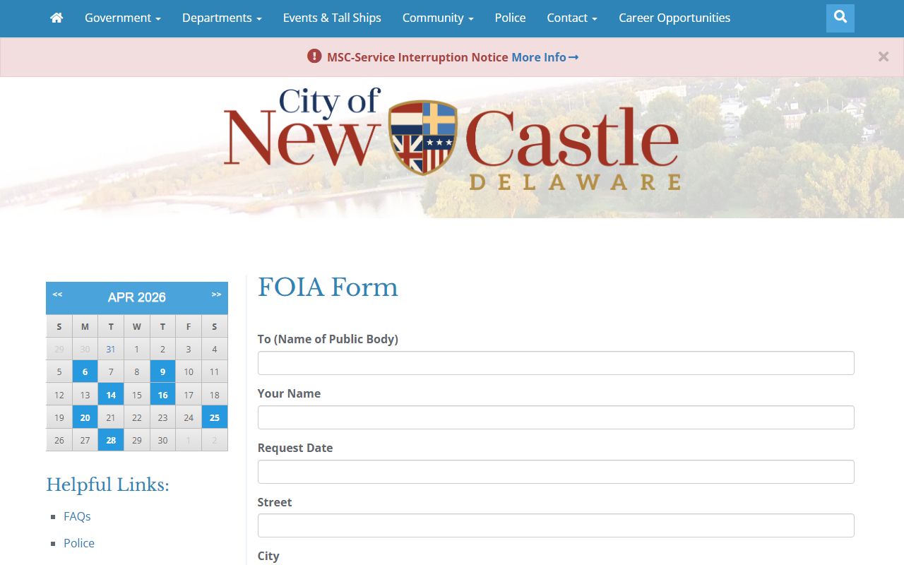 New Castle City FOIA form Phone Directory page