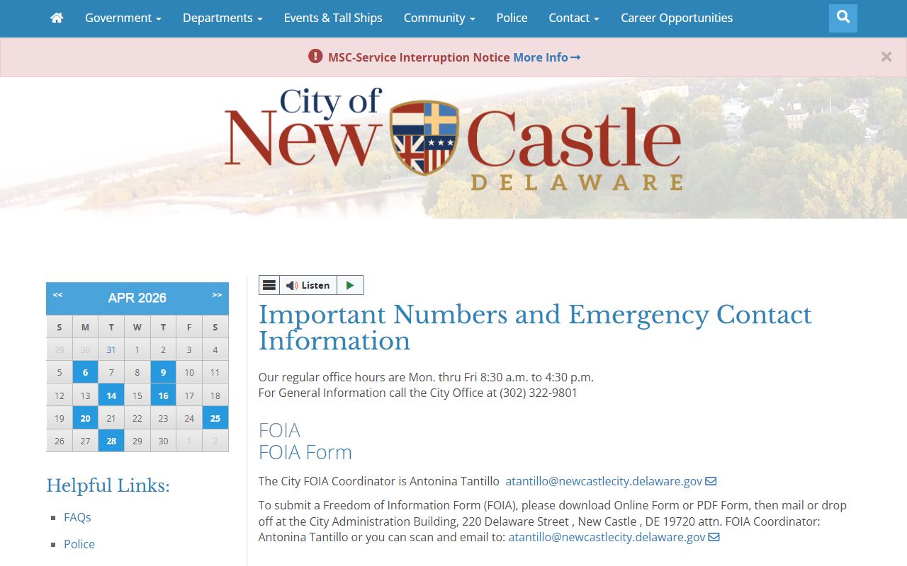 New Castle City important numbers Phone Directory page
