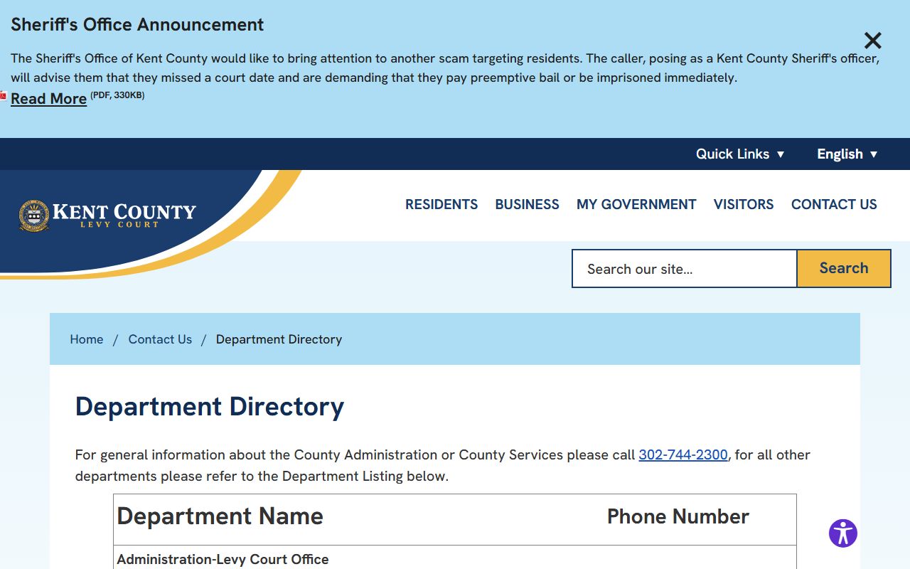 Kent County Phone Directory department listing page