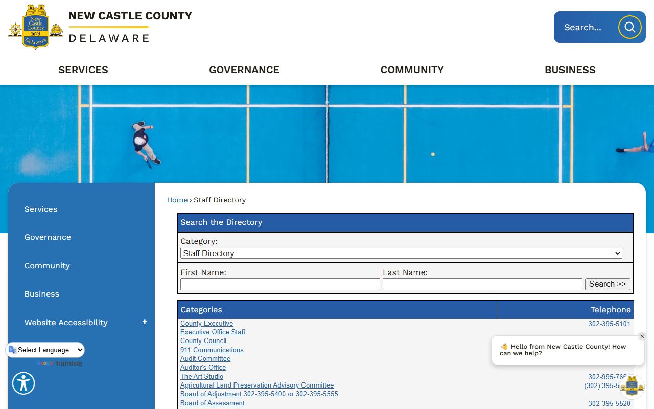 New Castle County Phone Directory staff listing page