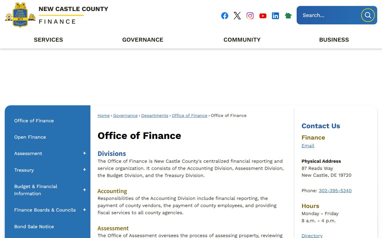 New Castle County Office of Finance Phone Directory page