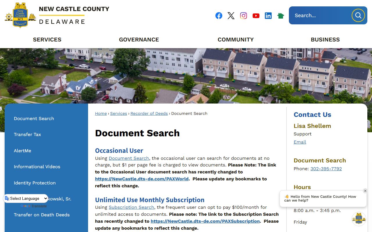 New Castle County Document Search Phone Directory page