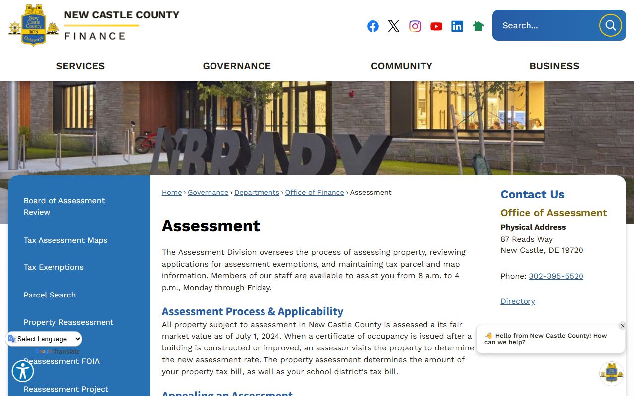 New Castle County Assessment Office Phone Directory page
