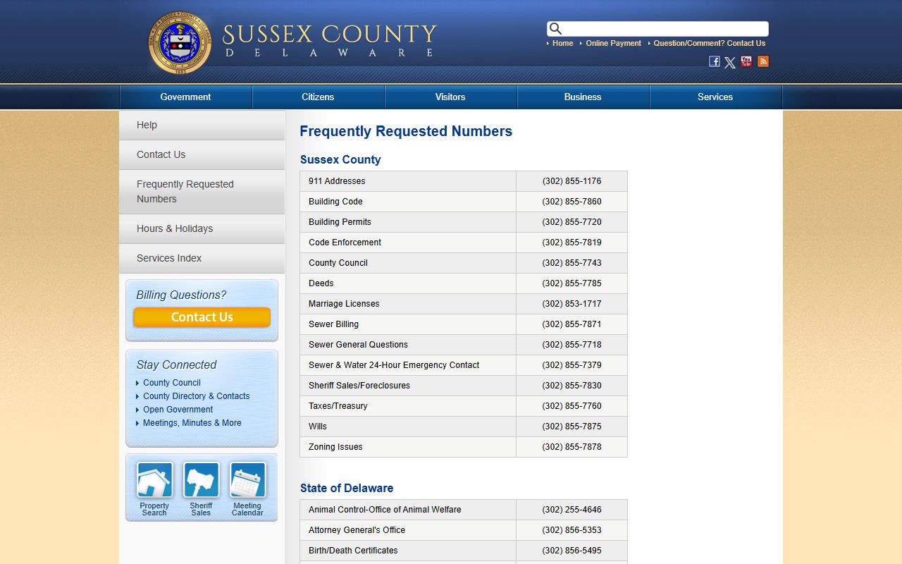 Sussex County Phone Directory frequently requested numbers page