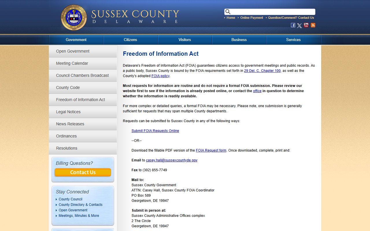 Sussex County FOIA Phone Directory request page