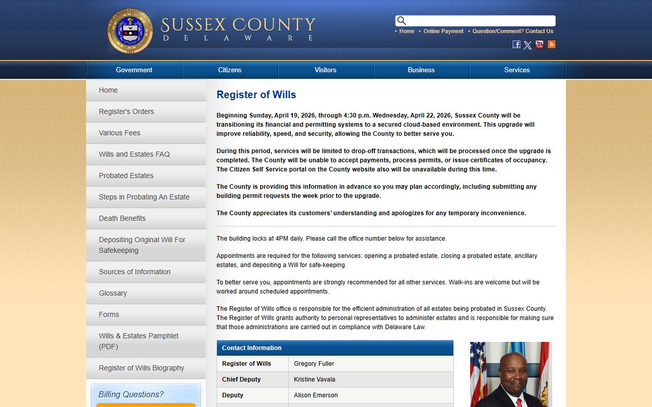Sussex County Register of Wills Phone Directory page
