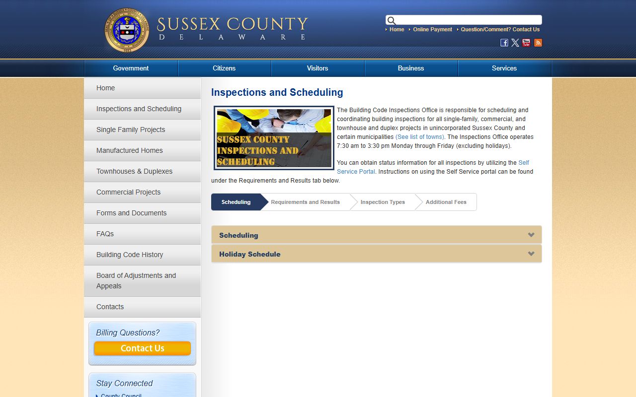 Sussex County Building Inspections Phone Directory scheduling page