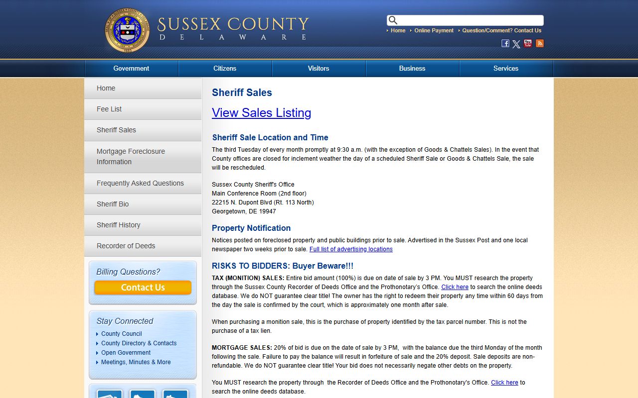 Sussex County Sheriff Sales Phone Directory page