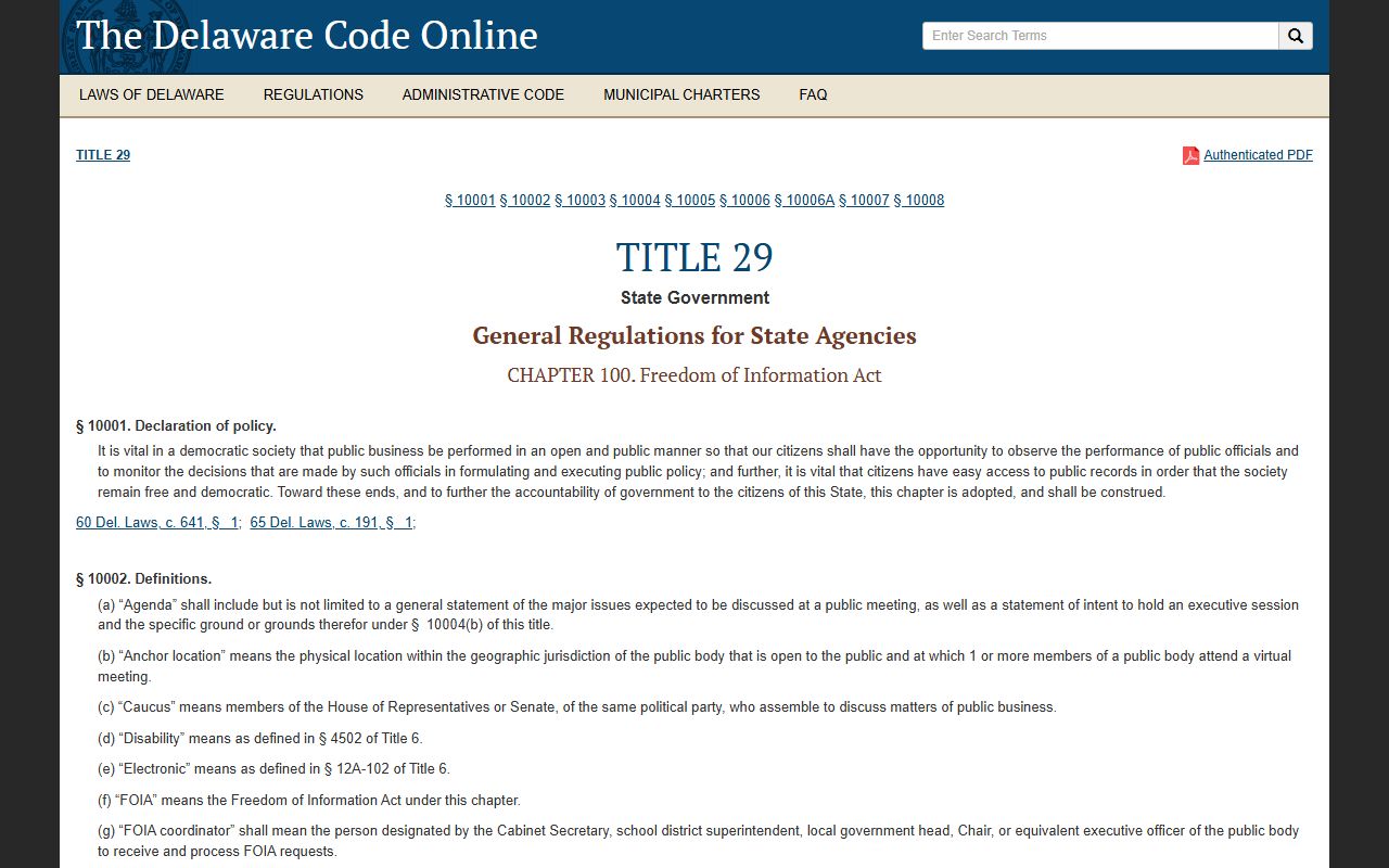 Delaware Code Title 29 Chapter 100 FOIA statutes page