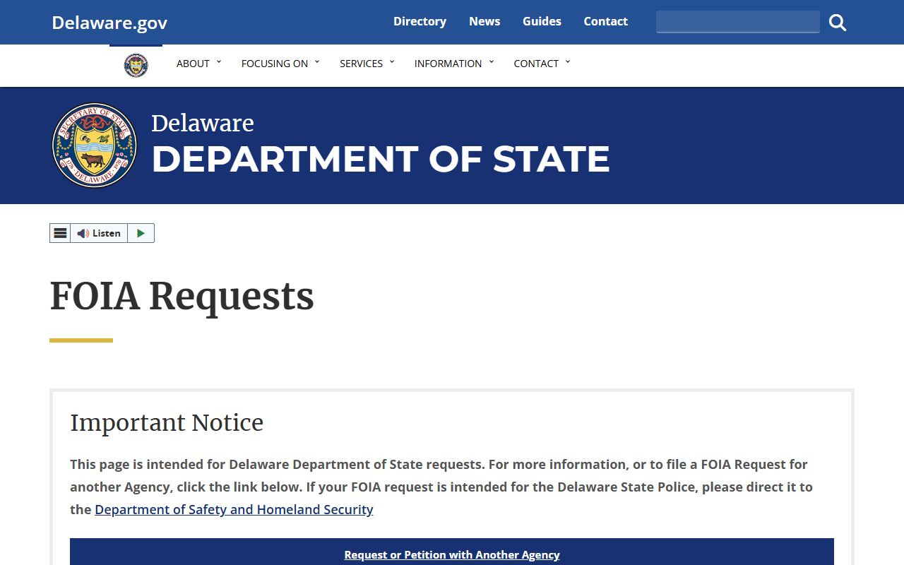 Delaware Department of State FOIA requests page