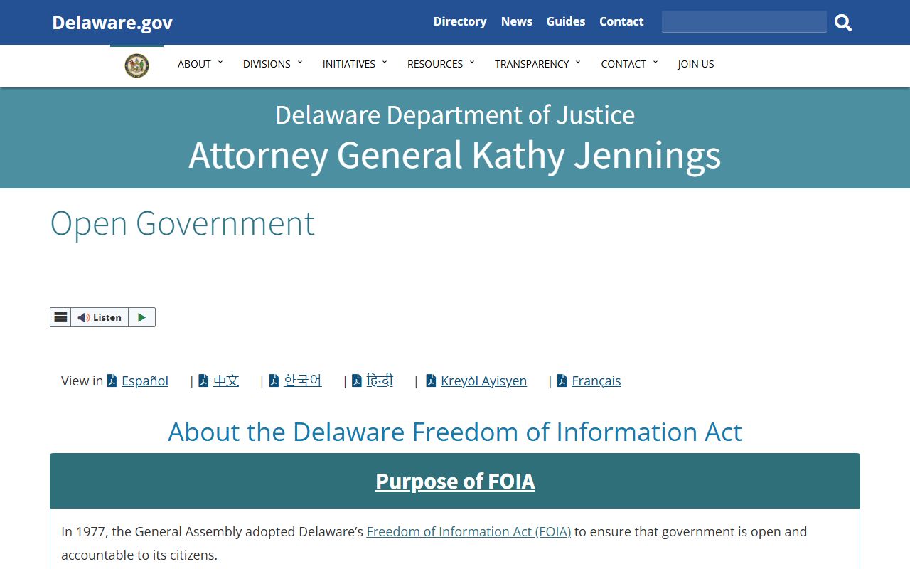 Delaware Attorney General Open Government FOIA page