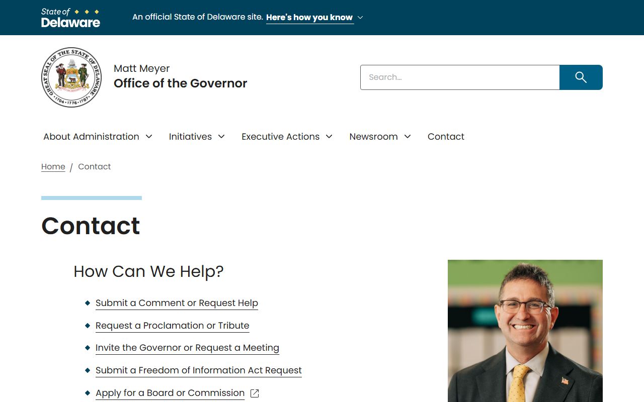 Delaware Governor's Office contact page